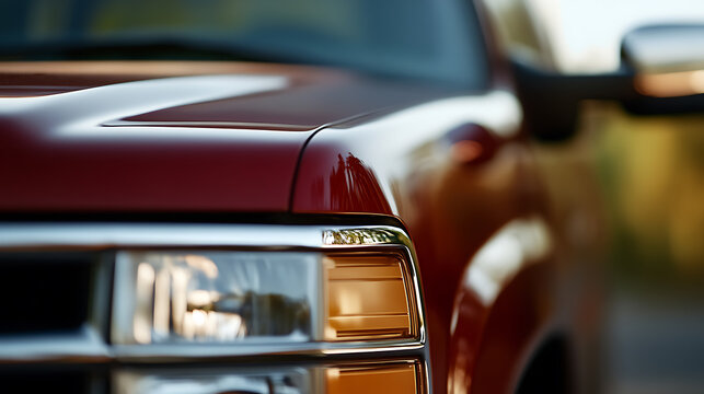Close-up of a red truck's front end showcasing a classic design. Chrome details enhance its appearance. Reflective paint adds to its appeal.