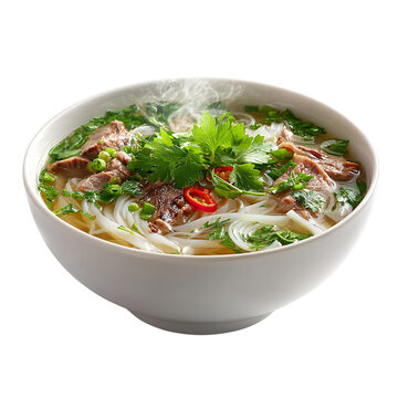 Vietnamese pho soup with rice noodles, beef slices, fresh herbs, red chili, and steaming broth served in bowl, top view