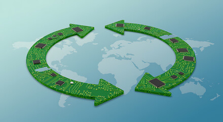 Green circuit board arrows in circular motion over world map