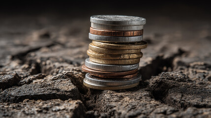Stack Of Coins On Cracked Earth