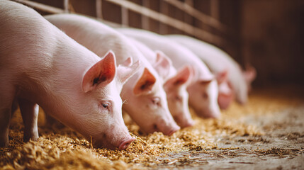 Hungry pigs eat their food. Pig butts and tails. Agriculture and farming business.