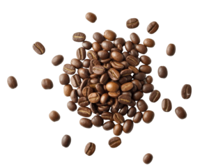 Realistic scattered roasted coffee beans on a clean transparent background