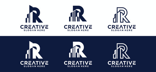 Home and building repair logo design template with a combination of the initials R, the R logo is in the shape of a building.