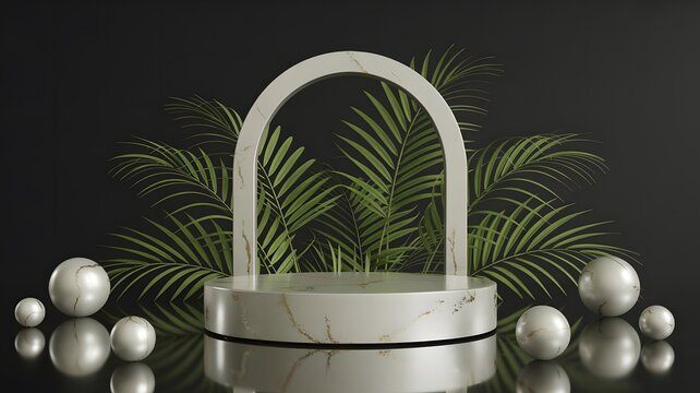 Modern arch display stand with tropical leaves and spheres