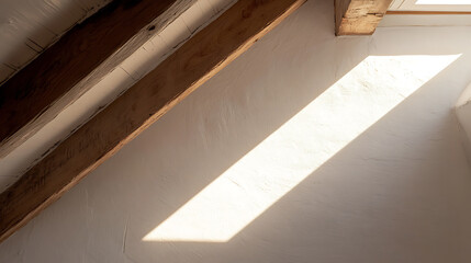 Obraz premium Interior shot showcasing architectural details: exposed wooden beams and a plaster wall illuminated by a bright, diagonal shaft of sunlight streaming through a window.