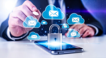 Business person using a smartphone with a padlock and cloud icons representing secure cloud storage and email communication, symbolizing data protection and digital security in a connected world