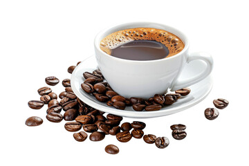 Obraz premium A steaming cup of coffee surrounded by fresh roasted beans on a bright setting isolated on transparent background