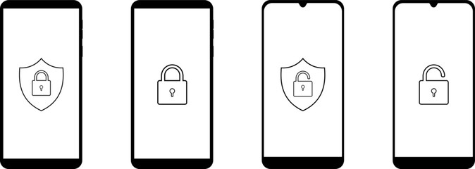 Four smartphones displaying lock icons isolated on white background.