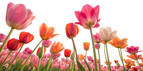 pink, red and orange tulip field, cutout, PNG isolated on  a white or transparent background