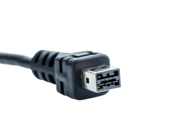 Close-up of a black USB connector highlighting technology and connectivity in a minimalist setting isolated on transparent background