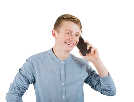 Contented teenage guy talking on phone with a joyful expression, has a successful conversation. Excited young man adolescent portrait during a telephone call, isolated on transparent background