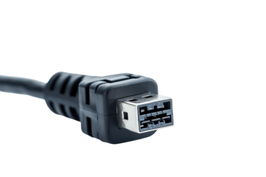 Close-up of a black USB connector highlighting technology and connectivity in a minimalist setting isolated on transparent background