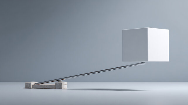 A white cube is balanced on a metallic stand against a plain grey background.