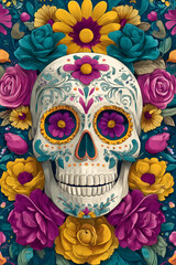 Ornate sugar skull surrounded by colorful flowers, perfect for D?a de Muertos celebrations. Vibrant, detailed, and artistic.