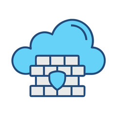 Cloud firewall concept with security shield and brick wall, digital protection icon