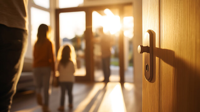 Warm welcome home: a family enters their sunlit house, a door ajar invitingly. A safe haven, filled with love and happy moments. A place to build memories.