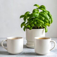 Two white mugs of coffee next to a potted basil plant on a light gray surface