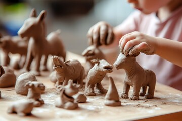 Child shapes clay animals while exploring creativity and imagination indoors