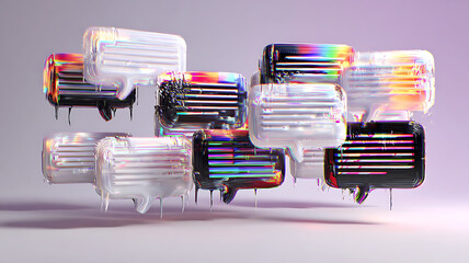 Abstract colorful speech bubbles with glitch effects create a visually striking social media art piece.