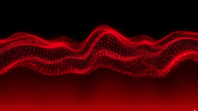 Vibrant red glowing wave particles moving smoothly in dark background. Futuristic energy flow animation.