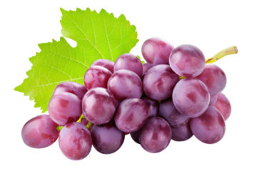 A vibrant cluster of fresh purple grapes resting on a green leaf against a bright background