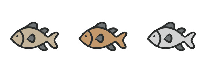 Set of three stylized fish icons in different colors (grey and brown). Ideal for use in projects about seafood, fishing, ocean life, cooking, or marine animals.