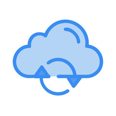 Cloud data synchronization icon with blue arrows on black background, simple design