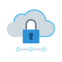 Secure cloud network with blue padlock over cloud and connection points