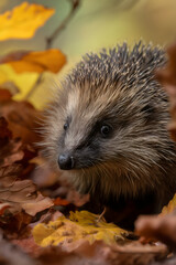 Fototapeta premium An adorable hedgehog surrounded by colorful autumn leaves, enjoying the season's beauty. Nature's charming creature captured in a forest.