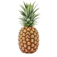 Fototapeta premium Overripe pineapple fruit with dull, browning skin, soft or bruised spots, wilted green spiky leaves, and water droplets. Close-up view, realistic style, isolated on transparent background, PNG format.