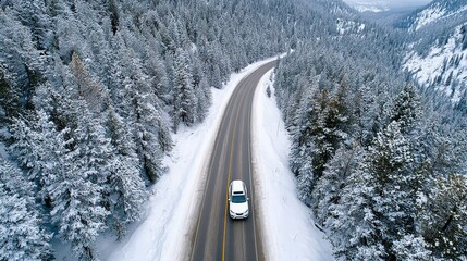 Car is driving down a snowy road with trees in the background. The car is white and he is a small vehicle. The scene is peaceful and serene