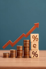 Coins stacked in ascending order, an upward trending arrow, and wooden blocks with a euro and percentage signs represent growth.