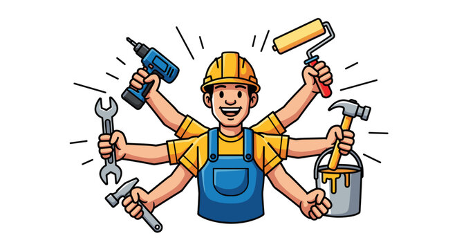 A cartoon handyman with multiple arms holding various tools, representing versatility and skill in construction.