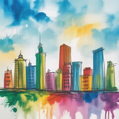 Abstract watercolor buildings with bold orange and blue.
