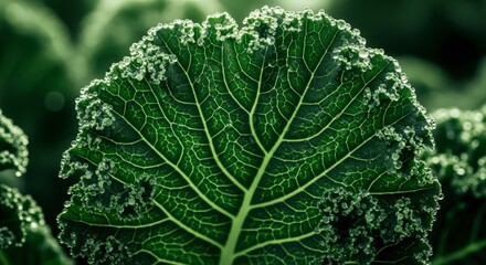 Close-up of a vibrant green kale leaf with intricate veins and textured edges.
