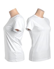 Two white women's t-shirts on mannequins, side profile view