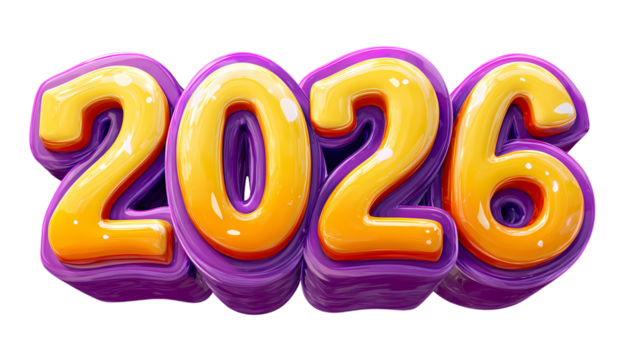 Stylized 2026 new year illustration golden numbers with purple underlay isolated on black background
