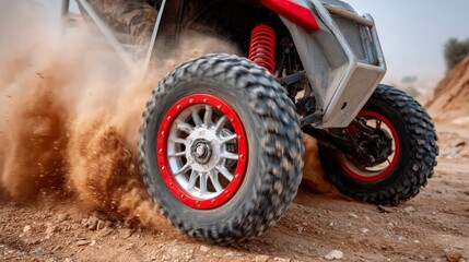 Dirt bike is in the air, kicking up dust and dirt. Concept of excitement and adventure, as the rider is likely enjoying a thrilling ride through a challenging terrain