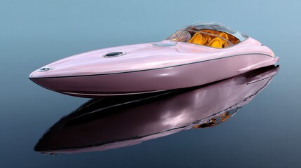 Pink boat is sitting on the water. The boat is very large and has a very sleek design. The boat is surrounded by water and the reflection of the boat can be seen in the water. The image has a calm