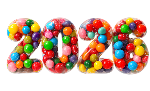 2026 numbers filled with colorful candy balls against black background holiday celebration sweet festive design new year concept creative typography delicious