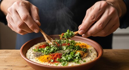 Chef garnishing a delicious dish with fresh herbs and spices.