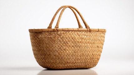 Fototapeta premium Woven Basket: A close-up shot of a beautifully crafted woven basket. The detailed texture and organic design symbolize simplicity and utility.