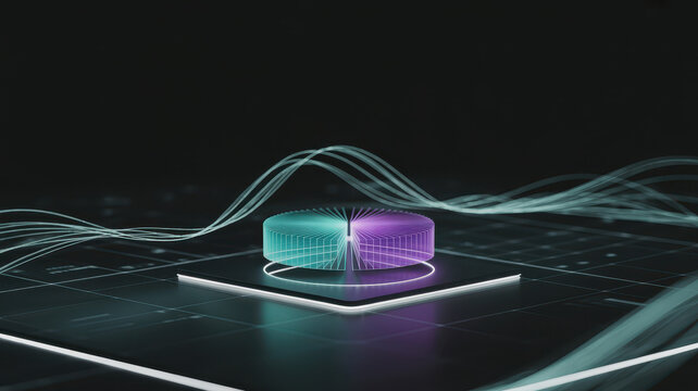 Futuristic digital representation of sleek data processing unit with vibrant colors and abstract wave patterns, symbolizing advanced technology and innovation