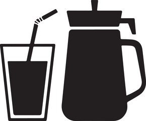 Black and white icon of a drinking glass with straw and a lidded pitcher Keywords: glass, drinking, cup, straw, beverage, drink, liquid, pitcher, jug, carafe, container, serving, refreshment