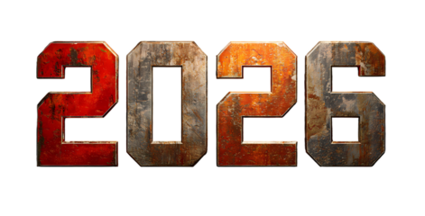 Metallic textured 2026 numbering with rust detailing isolated on black background for creative design and futuristic visuals