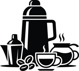 Black and white icon of coffee preparation and serving elements Keywords: coffee, beans, cup, saucer, steam, hot, beverage, pot, carafe, thermos, jug, serving, preparation, brewing, kitchen