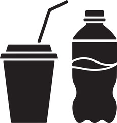 Black Silhouette Icons of a Disposable Cup with Straw and a Plastic Bottle beverage drink