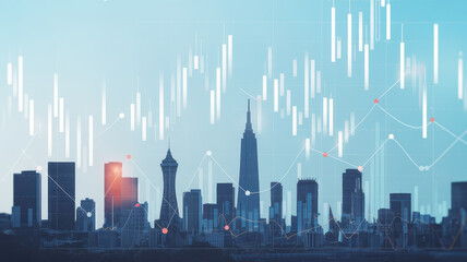 Abstract financial background with city skyline, showcasing stock market trends and data visualization, creating modern and dynamic atmosphere