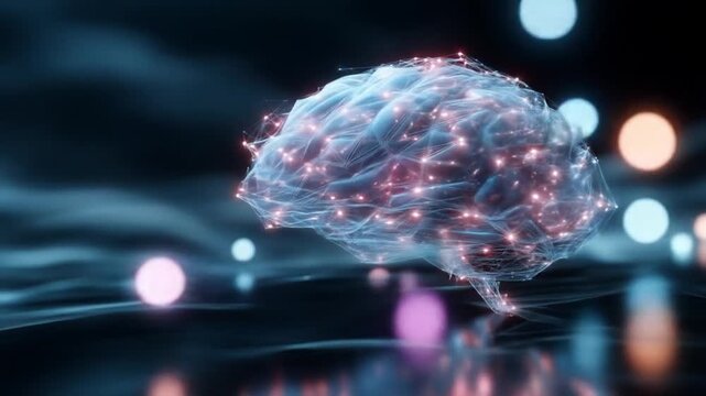 Illuminated brain model with connected points, reflected on dark, slightly blurred surface