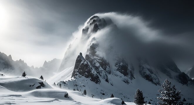 Dramatic Winter Mountain Peak Engulfed by Blowing Clouds.